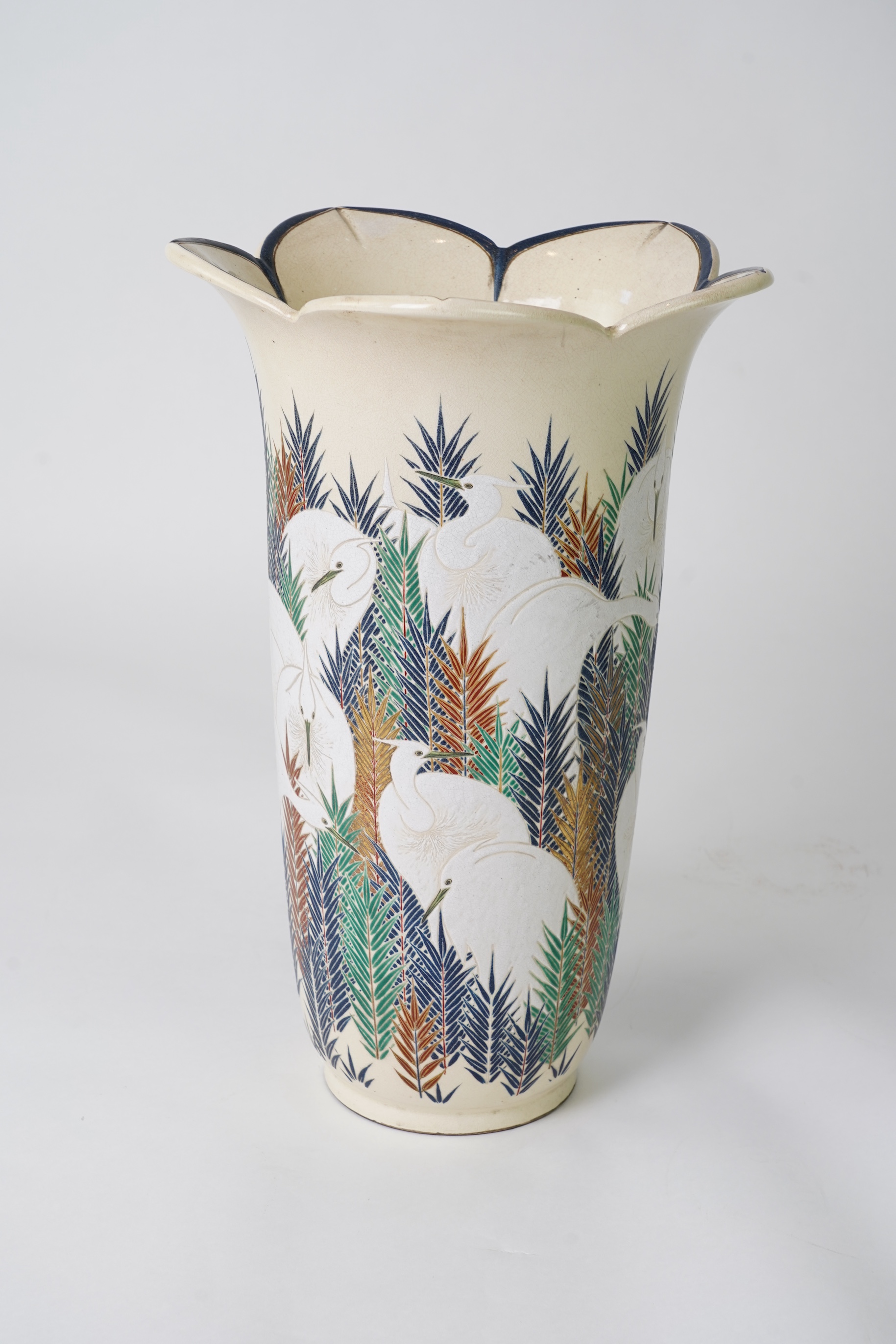 An exhibition size Japanese Satsuma ‘egrets’ vase, Meiji period, signed Tansai